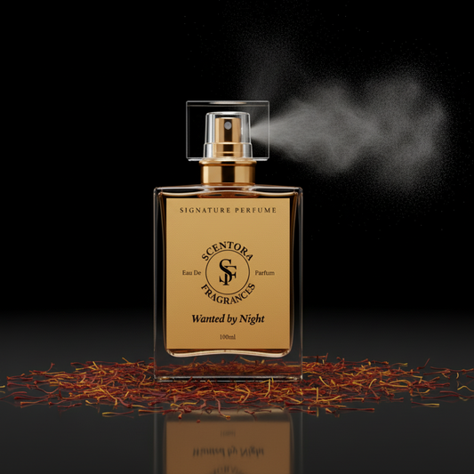 Perfume bottle labeled 'Scentora Fragrances Wanted by Night' with smoke effect on a dark background.