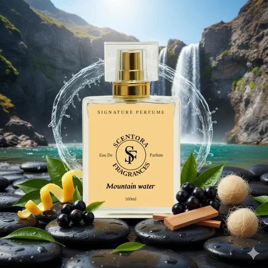Scentora Fragrances Mountain Water perfume bottle by a waterfall with black stones, berries, and citrus peel
