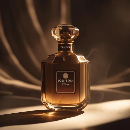 Elegant glass bottle of Scentora Attar perfume with gold label on a softly lit surface