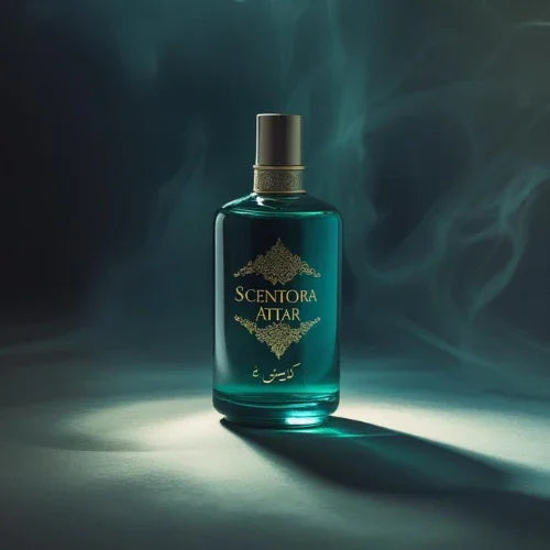 Scentora Attar perfume bottle with gold label and ornate details on a smoky background