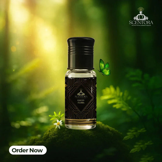 Scentora Gucci Flora perfume bottle on forest moss with butterfly and soft sunlight