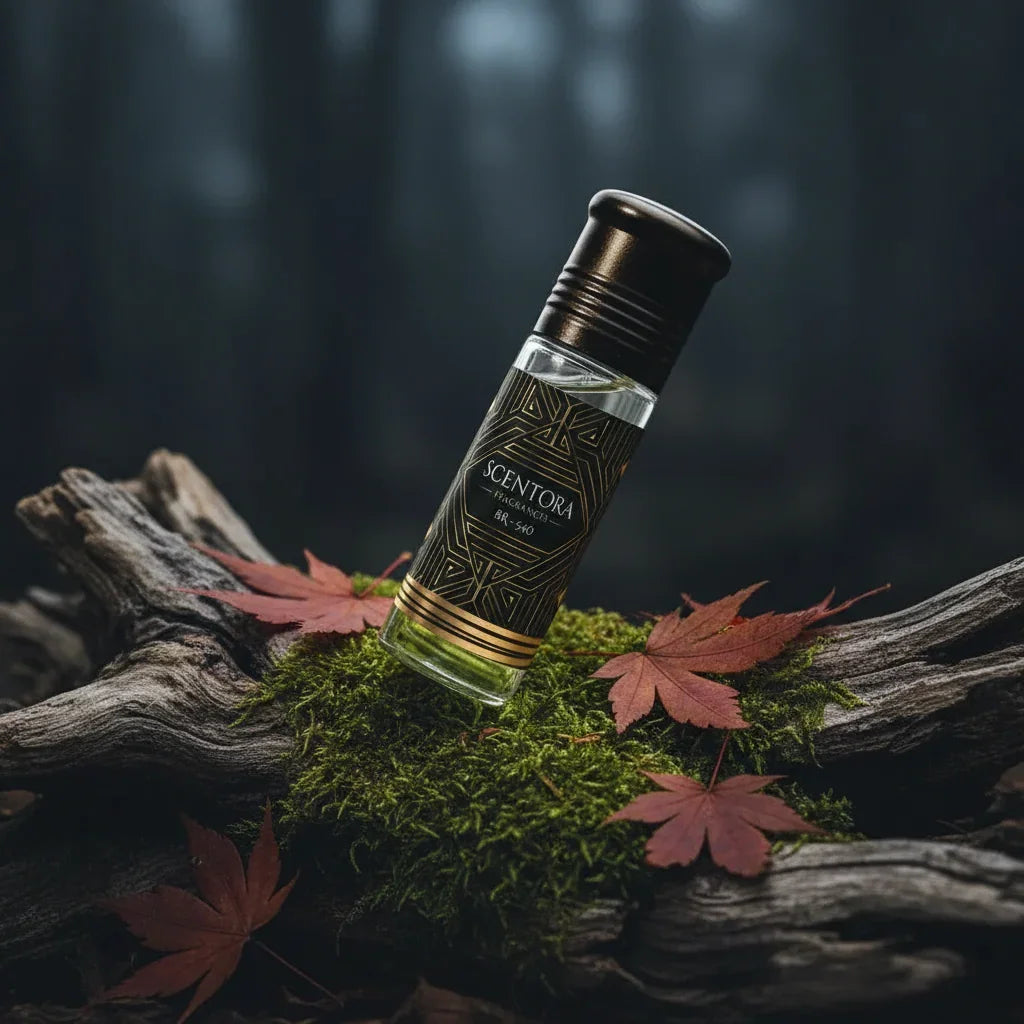 Scentora BR-540 roll-on perfume bottle on mossy wood with autumn leaves, forest background