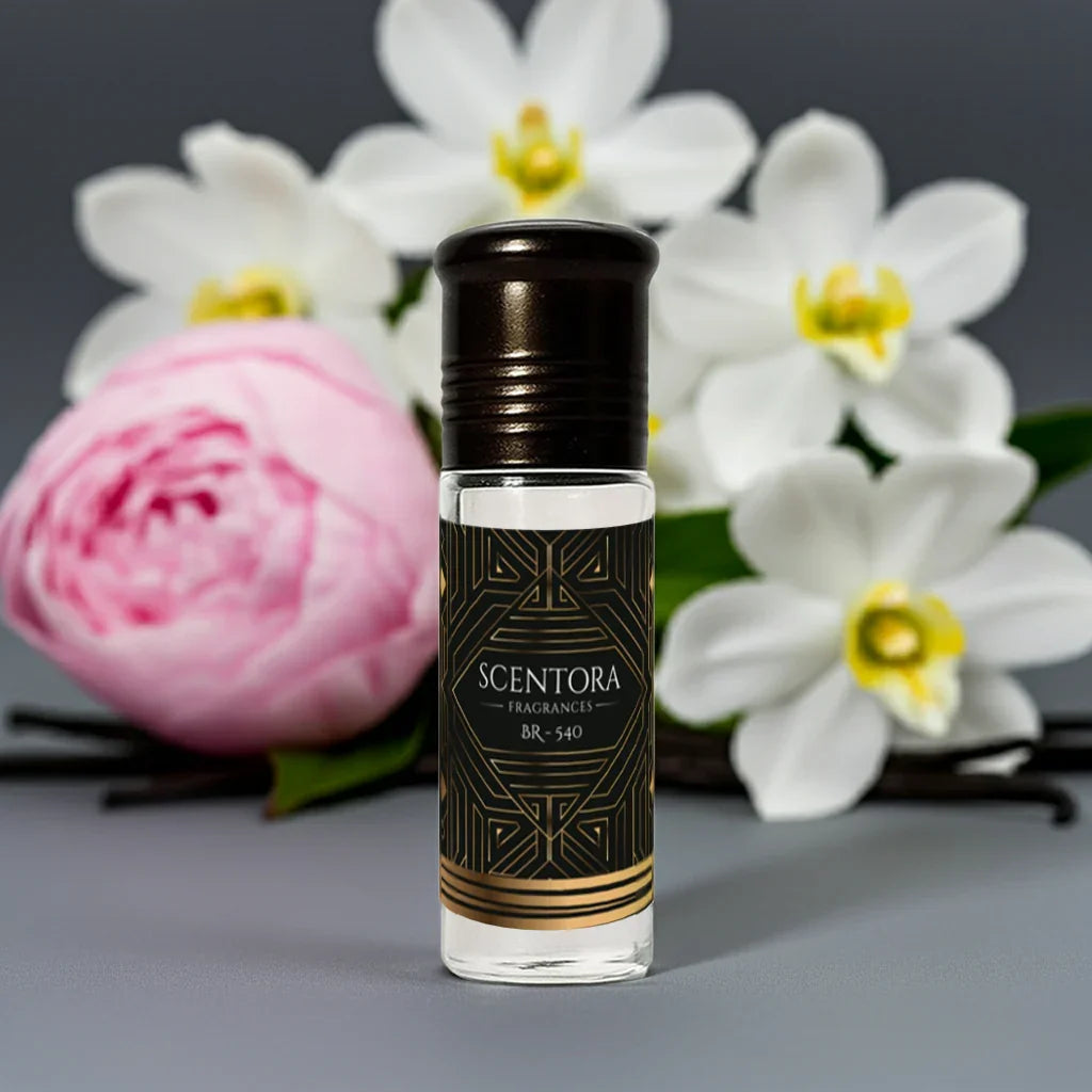 Scentora BR-540 roll-on perfume 6ml bottle with white and pink flowers, elegant packaging