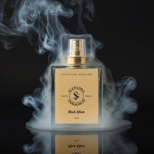 Black Afeem 50ml perfume bottle with gold label and mist on black background