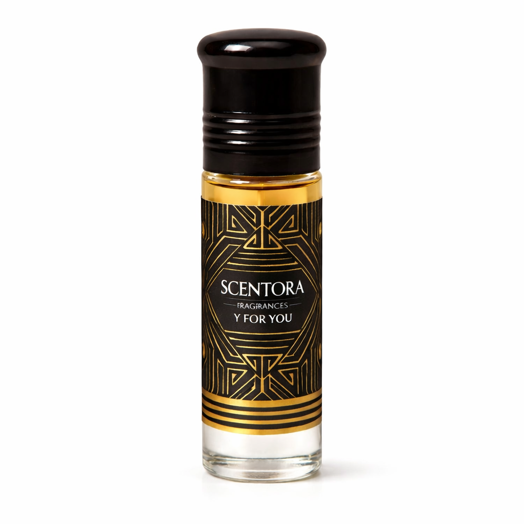 Scentora perfume bottle with black and gold design on a white background