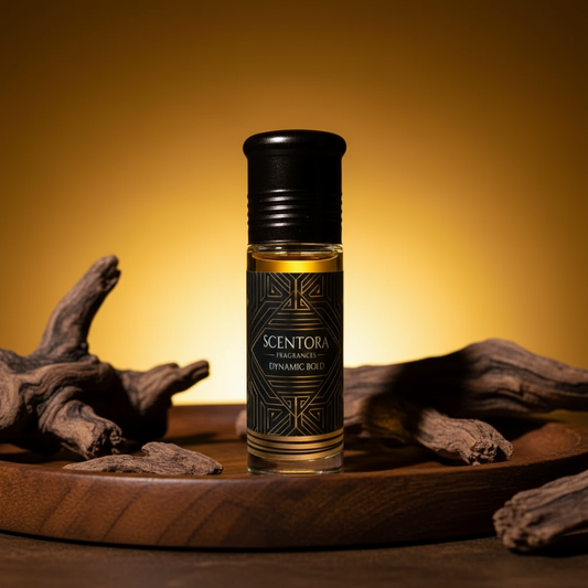 Dynamic Bold Roll-On 6ml perfume bottle with black cap and stylish label on wood tray