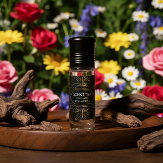 Scentora Dynamic Bold roll-on perfume with black cap on wooden tray, flowers in background
