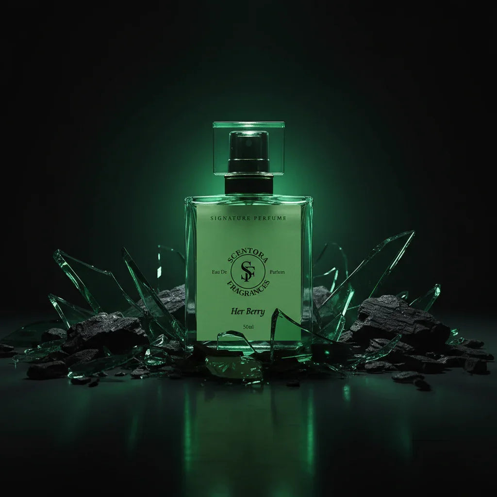 Scentora Fragrances Her Berry 50ml perfume bottle with green light and broken glass