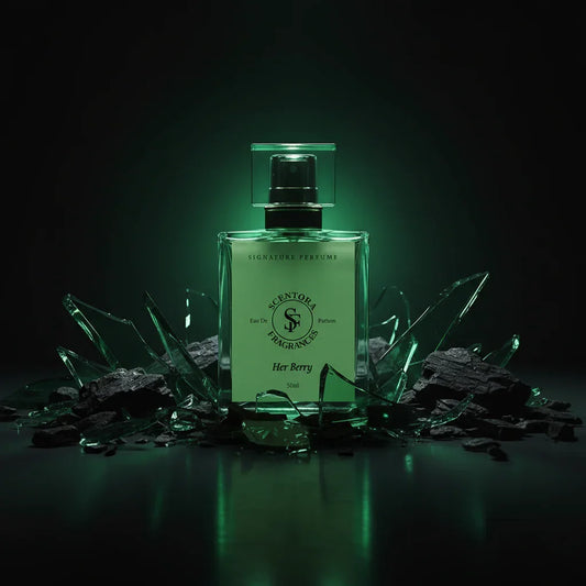Scentora Fragrances Her Berry 50ml perfume bottle with green light and broken glass