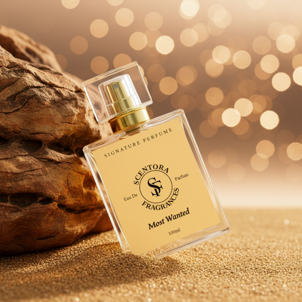 Scentora perfume bottle on a textured surface with a blurred bokeh background