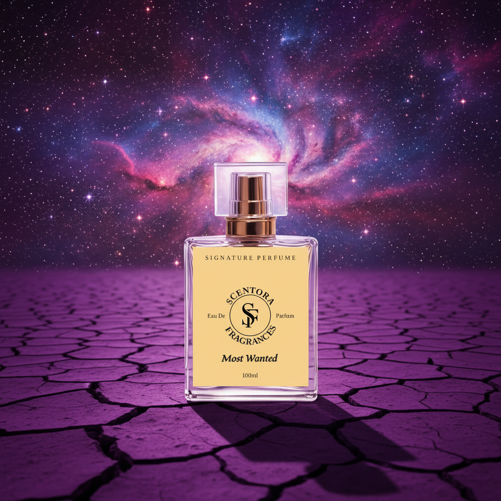 Perfume bottle labeled 'Signature Perfume' on a cracked surface with a cosmic background