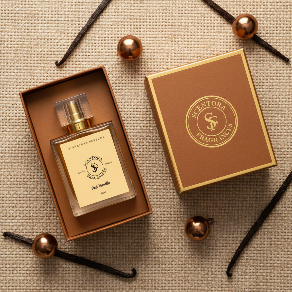 Santora Fragrances perfume bottle and packaging on a textured surface with vanilla beans.