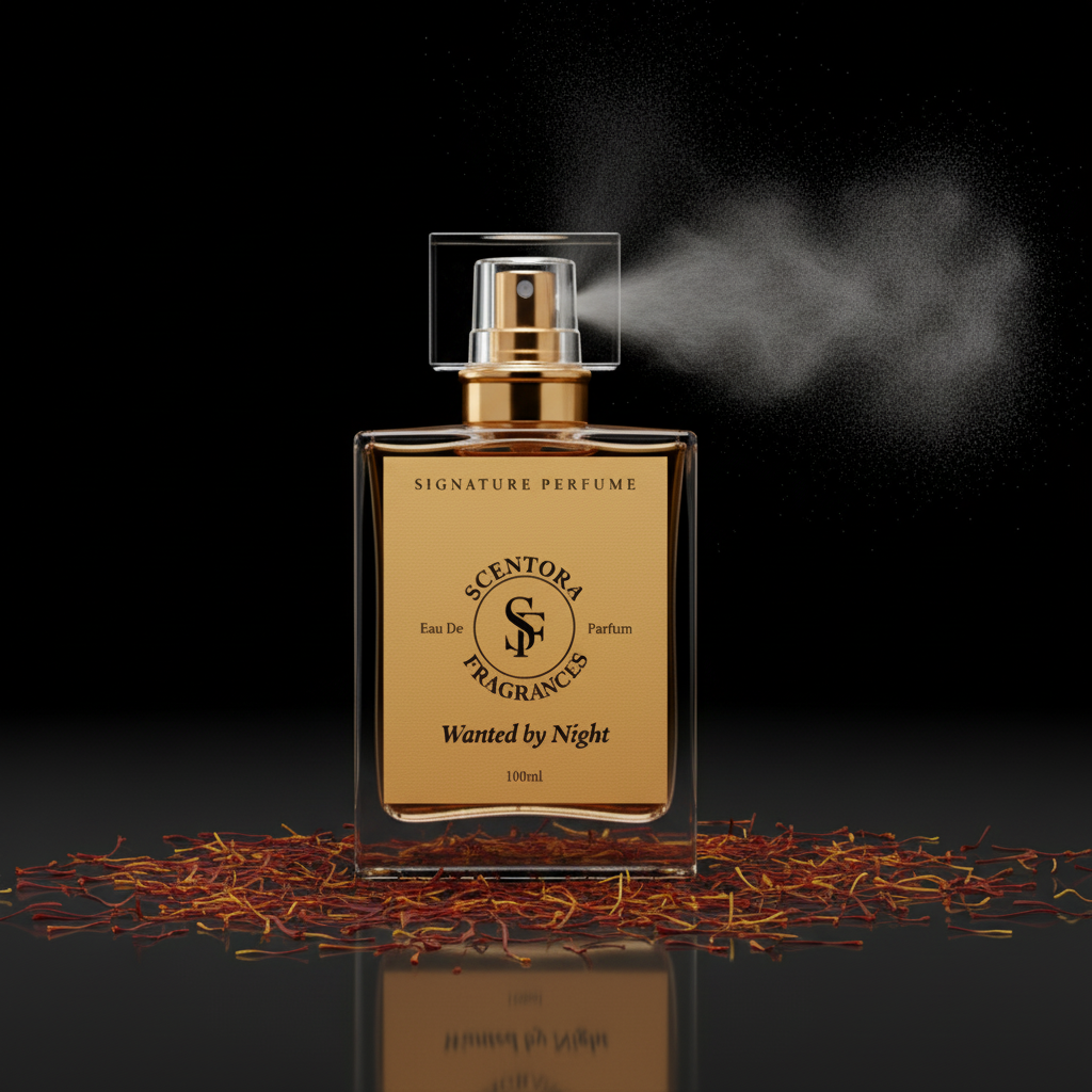 Perfume bottle labeled 'Scentora Fragrances Wanted by Night' with smoke effect on a dark background.