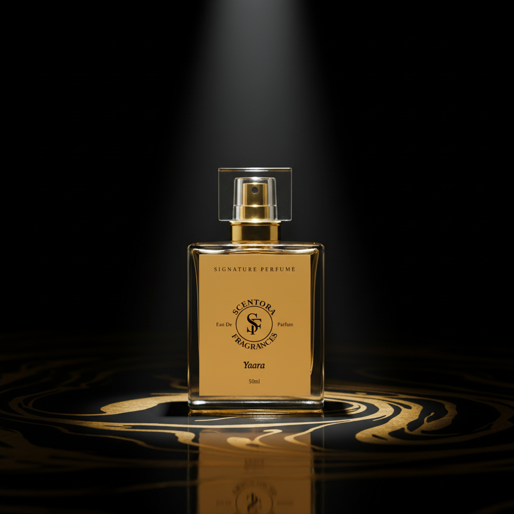 Perfume bottle with gold cap on a snowy surface against a red background