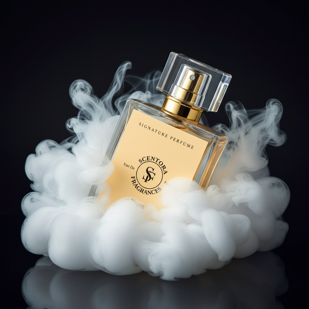Perfume bottle with gold cap and visible brand logo, surrounded by white smoke on a black background.