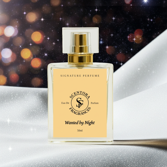 Perfume bottle labeled 'Wanted by Night' by Scentora Fragrances with a starry night background.